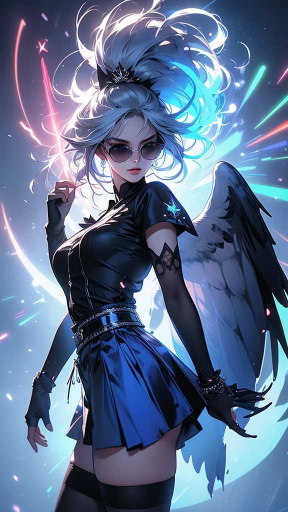 hyperrealistic characters, neon outline effect, neon paint shading effect, bright colors, magical special effects, digital watercolor effect, air flow visualization effect, 1girl, black shirt, white tie, translucent round sunglasses, gothic soft makeup, long silky hair, beautiful blue eyes, black mini skirt, stockings, posing, fighting pose, casting a spell, reading a spell, (best quality,4k,8k,highres,masterpiece:1.2),ultra-detailed,(realistic,photorealistic,photo-realistic:1.37),vivid colors,studio lighting,extreme detail description,professional