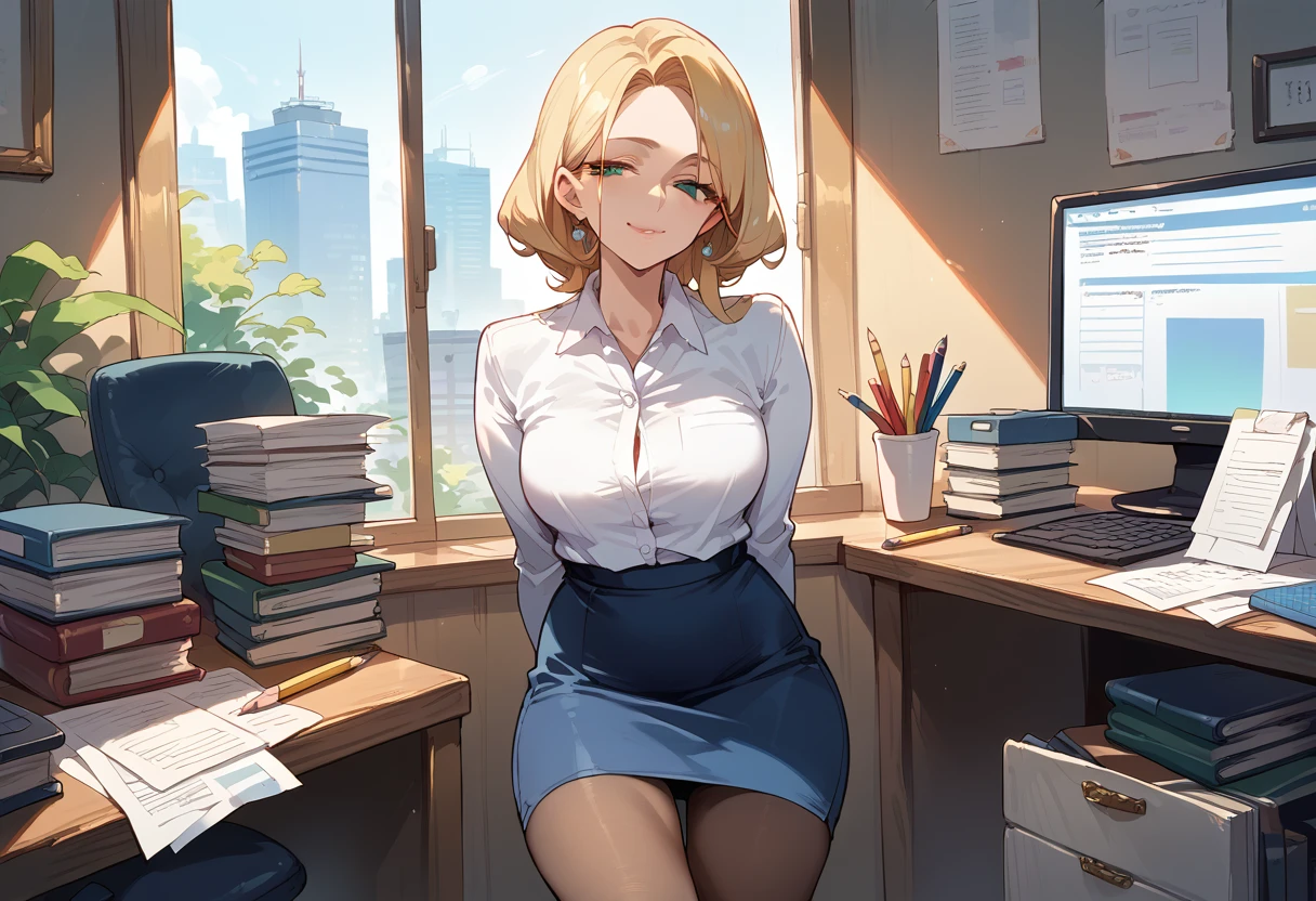 (score_9,score_8_up,score_7_up),1woman,solo,source_anime,mature,big sister,middle age,blonde hair,green eyes,looking at viewer, office, white shirt, pantyhose, (blue skirt:1.2), pencil skirt, naughty face, arms behind back