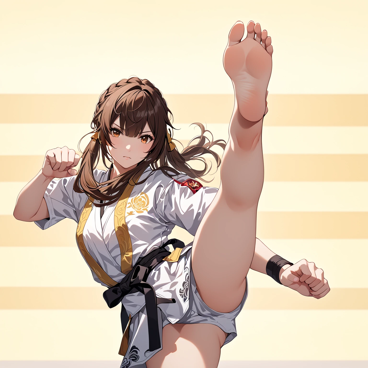 1girl, sushang, long hair, bangs, brown hair, brown eyes, twintails, hair ornament, angry stare, wearing karate uniform with short sleeves, wearing sports shorts, standing on one leg, high kick, barefoot, accurate foot, accurate hands, barehands, fighting pose, martial arts, in a dojo, perfect proportions, full body portrait of a girl, (best quality,8K,high resolution,ultra-detailed,masterpiece)