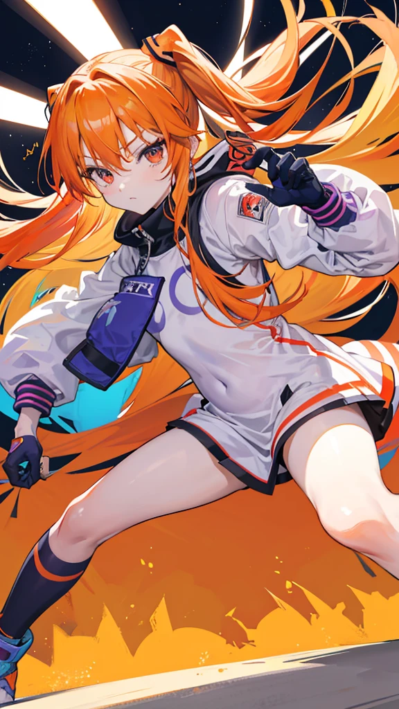Asuka Langley, roxo: 1.5, laranja: 1.1, Branco: 1.3, amarelo: 1.3, (garota rapper com cabelo pavor), tatuagens, (roupas puffer do poder: 1.2), flor, folhas, mistborn, linhas, background circles, action pose