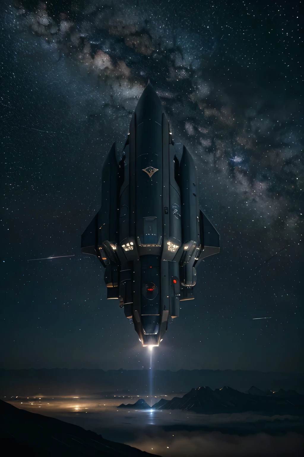 A spaceship flying through the galaxy with stars and bright stars., Great spaceship scene, science fiction spaceship, There is the Milky Way galaxy.