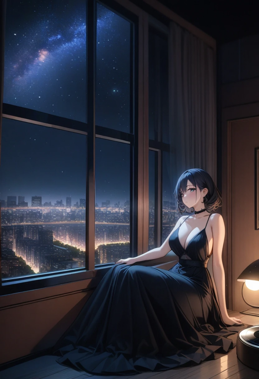 masterpiece, Highest quality, so beautiful, Absurd, up to date,wide_shot,bust,Large floor-to-ceiling windows,(night view of the city:1.2),Bedroom,(record the night scene outside the window:1.3),night,Milky Way,Huge building, (One girl:1.3),Black evening dress,Sitting,curve,Look out the window,
