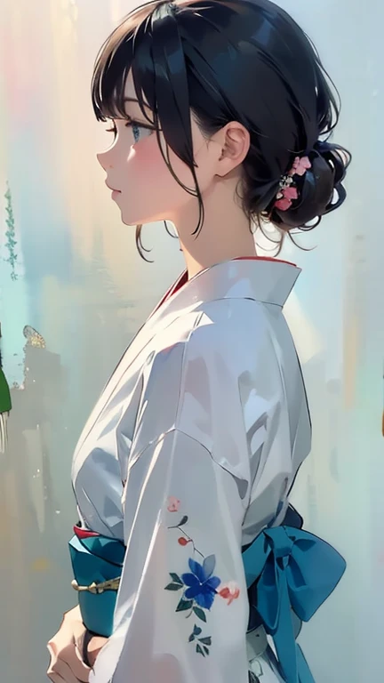 {(masterpiece,best quality, 8K UHD, extremely detailed CG, detailed beautiful face and eyes and skin and hair),(beautiful like picture:1.1)},{(watercolor image:1.2),sketch,bright colors overall,gentle color},{Simple configuration:1.1}, {light blue backgroundl:1.2}, {solo girl,yukata,open clothes,profile},{Floral,Taisho romance}