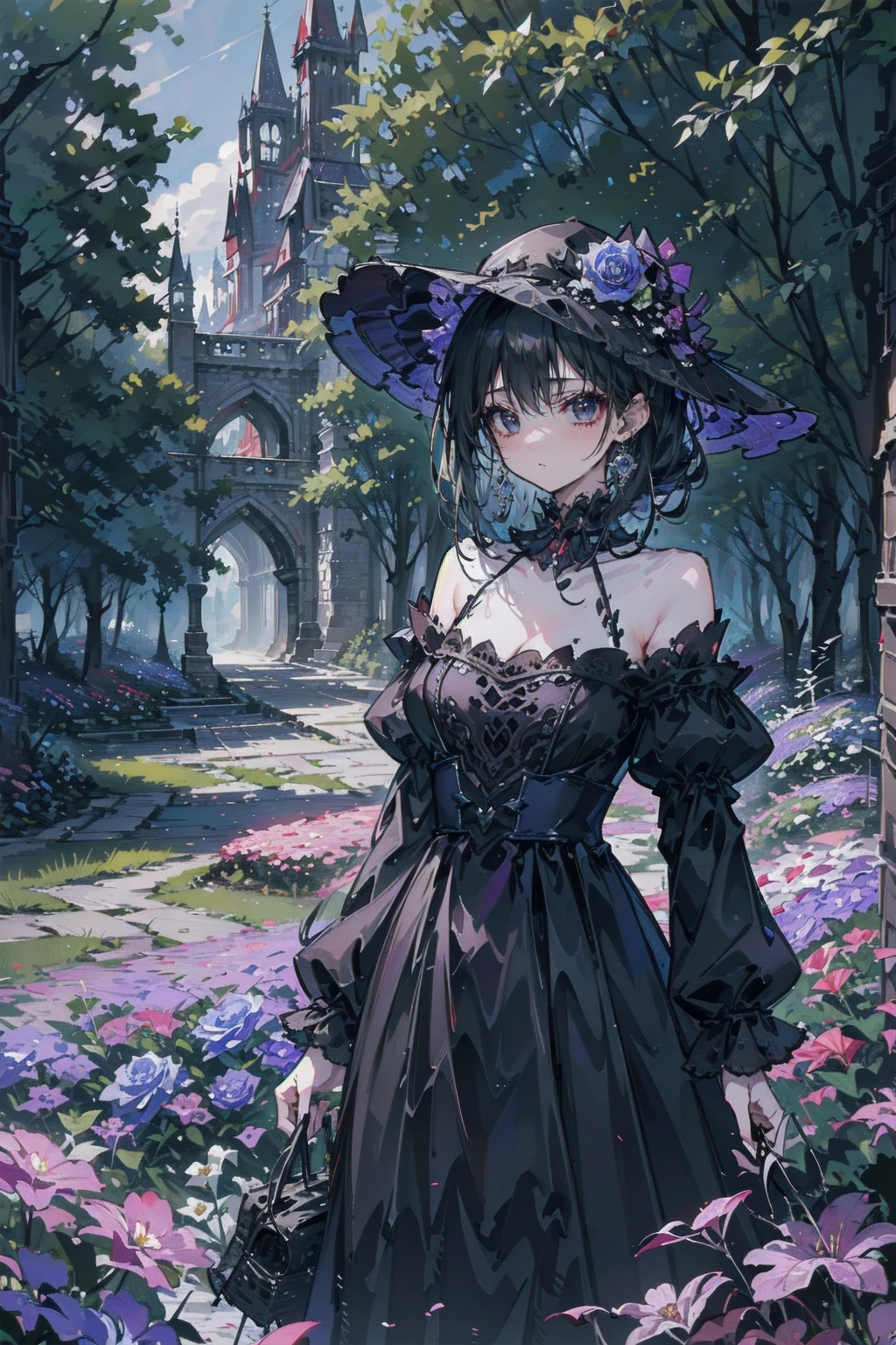 ネオゴススタイルのgirl, Wearing a black dress and a white collar, Wearing a black hat、wearing heavy makeup, Standing in a mystical garden surrounded by vines. The garden is full of deep purple flowers.、Gothic architecture in the background。. girl&#39;My hair is black、Her hair is in long braids.、A red rose is pinned to the side。. Her eyes are sharp、It&#39;Like being stabbed., Thick black eyeliner and long lashes. She has a pale complexion.、Her lips are bright red.. The atmosphere is gloomy and eerie, with dim lighting casting long shadows. This piece combines digital illustration and photography.., the result、The result is an incredibly high-resolution image. Most of the colors are dark、I&#39;Calm, Deep reds and purples create a dark beauty.. The overall style of the image is neo-Gothic., Horror, Portrait Photography, Create a unique and compelling visual experience.Dark Imagery