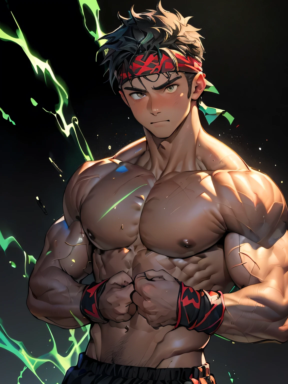((masterpiece, best quality)), (((((black background, deep night, upper body))))), (19 year old boy, worm eyes, Young boy, muscler, Shirtless, topless), ((((1boy, flesh, tough, reliable, developed body, blue and green aura effect, holding aura energy)))), (Dark Short straight hair, ((almost completely shaved hair)), under cut, brown eyes), (((red headband, black wristband))), Vivid colors, ((hot Abs:1.2, abs!, big abs, big breast:1.2, chest!, muscler upper arms)), muscler!, muscler body, detailed face, detailed muscle, (((rippling muscles, boxing stance, Flowing energy, giving off an aura of holy power)))