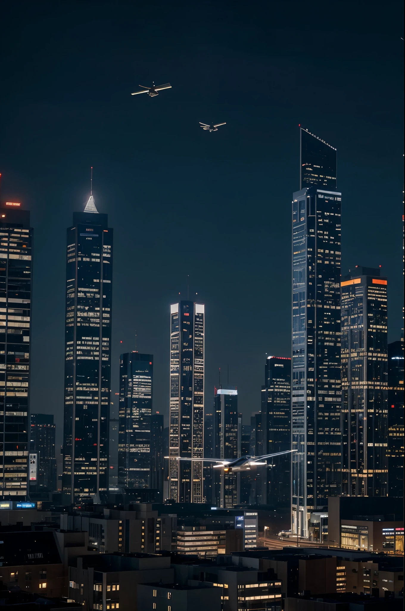 Build high-tech buildings with lots of lights, many tall buildings, at night there are high-tech flying cars. The atmosphere is beautiful and high-tech. Flying cars fly past the buildings.