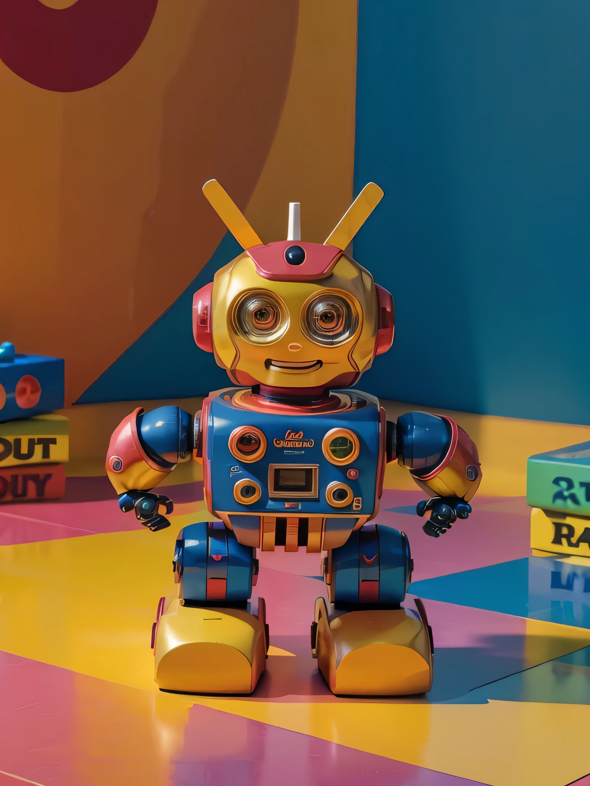 90s toy robot, object photography, swirly vibrant colors, detailled image, featured image, happy, 8k, neutral background