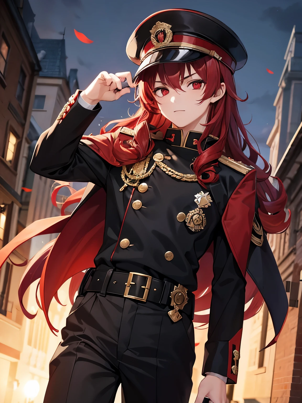 1boy,18 years old,cool,walking,middle parted hairstyle,Curly hair, red hair, red eyes, long hair, vampire, handsome,,half hody photo,,Black army uniform, black army hat