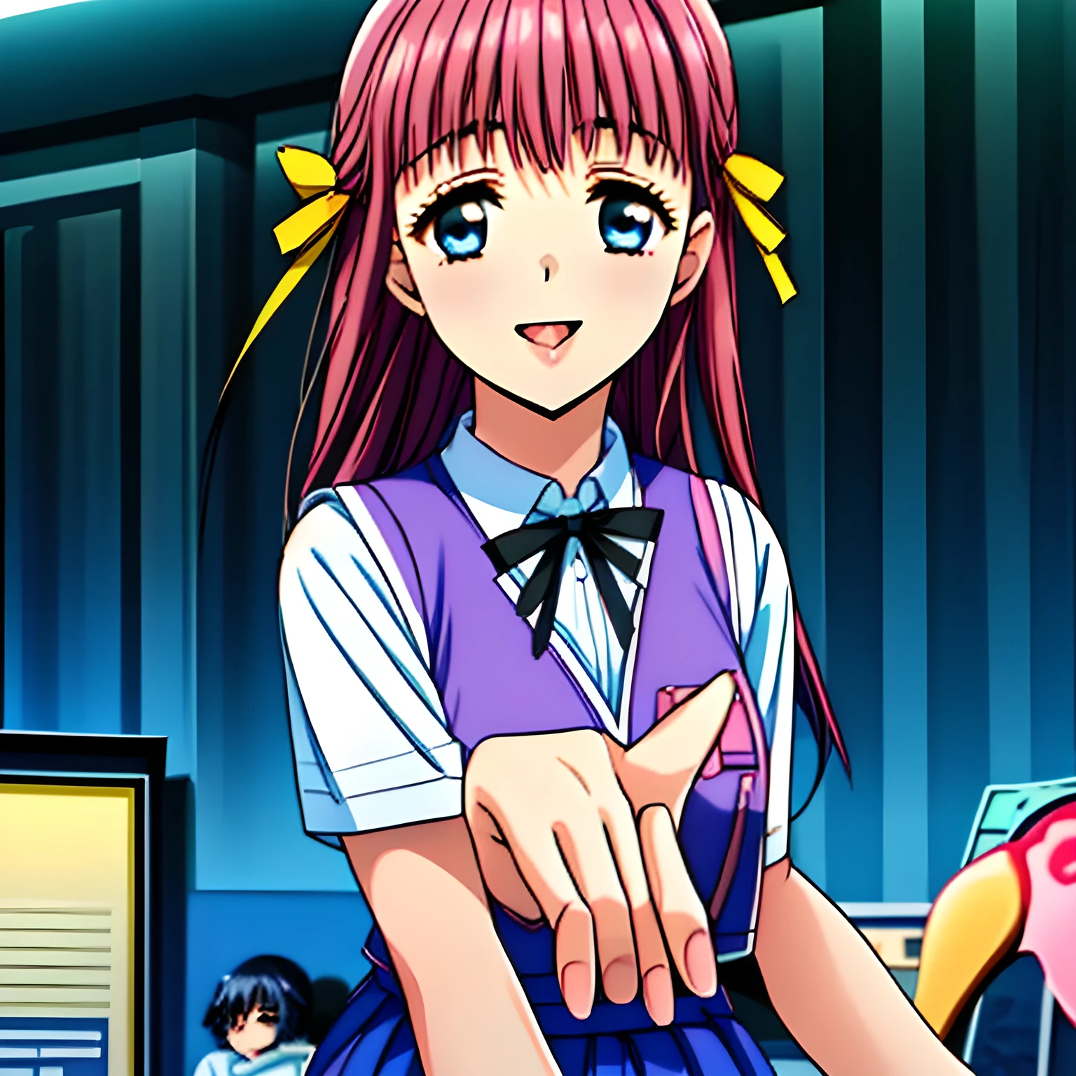 (highest quality, masterpiece:1.2), highest quality, High resolution, 1080P, 8k, (Very beautiful and delicately drawn high-resolution anime CG: 1.5), (A beautiful 15yo girl anime heroine, A very neat, very noble, pretty, pure girl is raising up from evil darkness in a succubus nightmare: 1.6), ((black dark background: 1.5)), Glossy lips, Evenly cut bangs, (beautiful blue eyes with detailed: 1.2), (Very beautiful and very long flowing pink hair: 1.2), (Noble blue school vest uniform, blue pleated noble skirt, white blouse: 1.6), (Big yellow cute wide ribbon on her chest), (Yellow hair ribbon clip: 1.0), (Giggling: 1.0), (Mouth is laughing and wide open as a game heroine: 1.0), (A beautiful body like a model), (Walking with a school bag, turning around), (long cute eyelashes: 1.4), ((thin droopy eyebrows: 1.4)), (giggling and calling me to invite me to her extreme happiness with her mouth widely open!: 1.6), (showing her very long tongue: 1.6), (laughing shy cheeks and lips, as if watching a comedy: 1.5), ((Very super long wavy hair is too much beautiful: 1.0)), (Tilting her head shyly), (Too beautiful women to stop falling into her, makes me crazy: 1.6), (She is in fact succubi and calling me with strong religious temptation, drops me into craziness: 1.2), (showing her palm to invite me: 1.2)