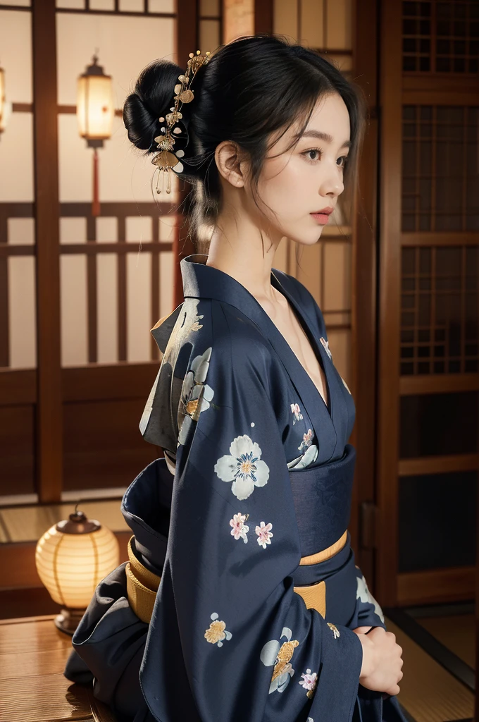 (((best quality))),(((ultra detailed))),(((masterpiece))),illustration,((1 beautiful Japanese girl,solo)),((slim,thin)),((small breasts,flat chest)),serene,melancholic,(rainy:1.3),(night scene:1.3),(in izakaya:1.3),(bun hair:1.2),(traditional Navy blue floral kimono:1.3),cozy atmosphere,sipping drink,ethereal appearance,delicate features,expressive eyes,contemplation,numbs loneliness,intricate kimono patterns,billowing kimono,traditional beauty,graceful sitting pose,sliding doors,rainy alley,soft glow lanterns,warm ambiance,vapor,atmospheric haze,introspection,isolation,beauty in solitude,complex emotions,quiet moments,Drinking Alone,narrative,loneliness,yearning,inner peace,((from front,upper body))