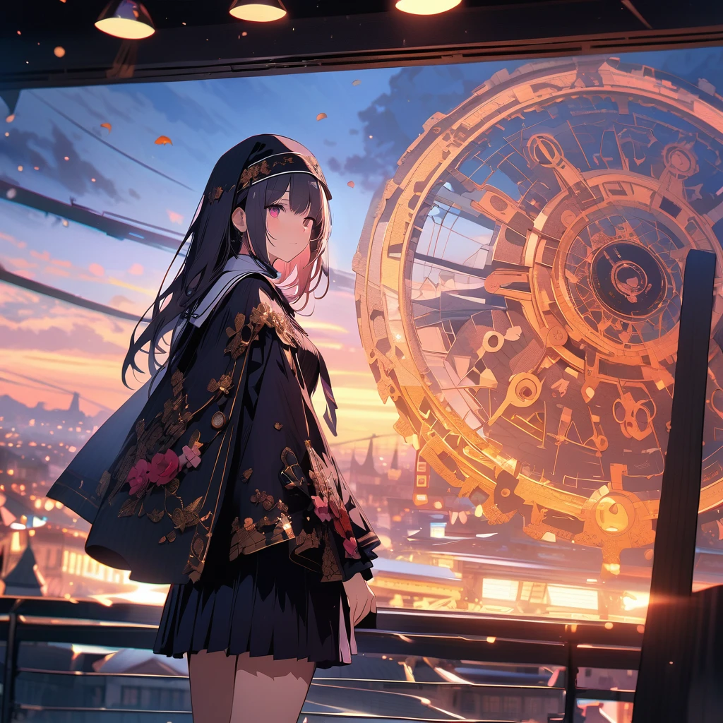 Dawn sky, Machine Angel Nun with a Mechanical Sword, High altitude, Detailed background, Detailed writing, 4K, uhd, absurdes, Ultra Quality, Masterpiece,quality\(8k,非常に精細なCGユニットのwallpaper, masterpiece,High resolution,top-quality,top-quality real texture skin,Surreal,Increase the resolution,RAW Photos,最高quality,Very detailed,wallpaper,Cinema Lighting,Ray-tracing,Golden Ratio\),Dynamic Angle