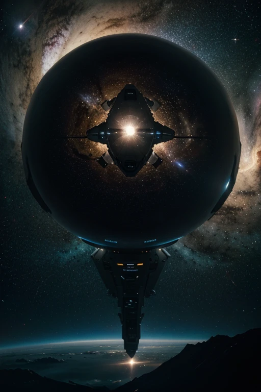 big spaceship, floating in space, science fiction spaceship, There is the Milky Way galaxy.