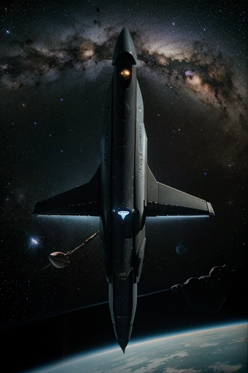 big spaceship, floating in space, science fiction spaceship, There is the Milky Way galaxy.