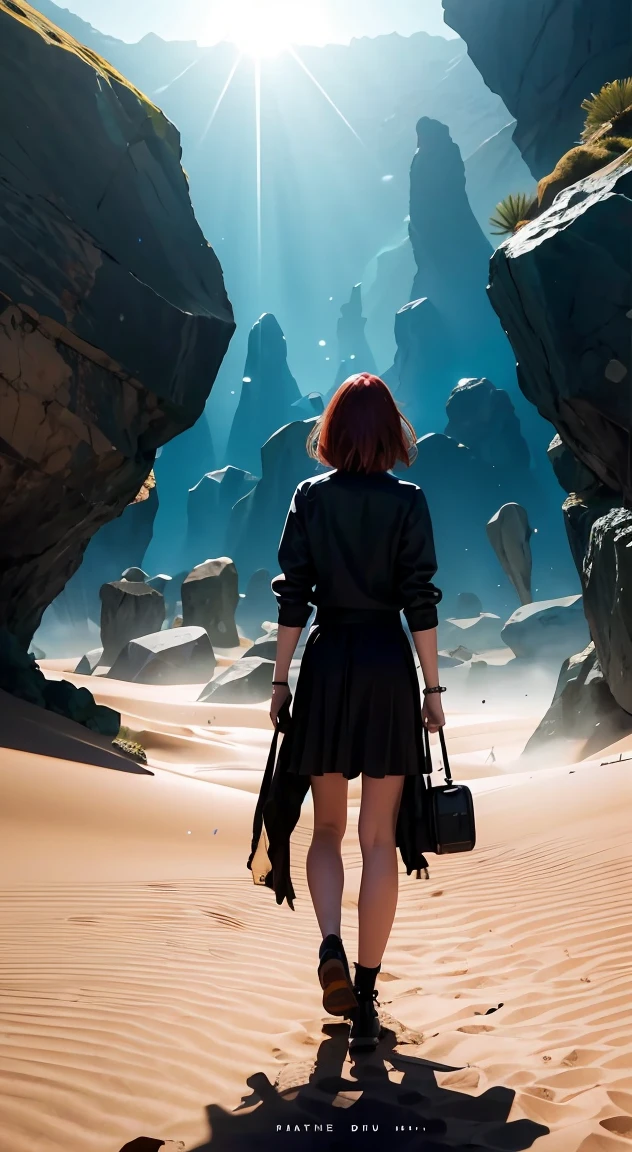 a woman is standing in the desert with a large object, full of glass. society, magical crystals, still frame from a movie, inspired by Louis Mathieu Verdilhan, album art for a trance DJ, the rift, triangle shards, cinematic lens flare, connectedness, [ shards, 4 dimensions