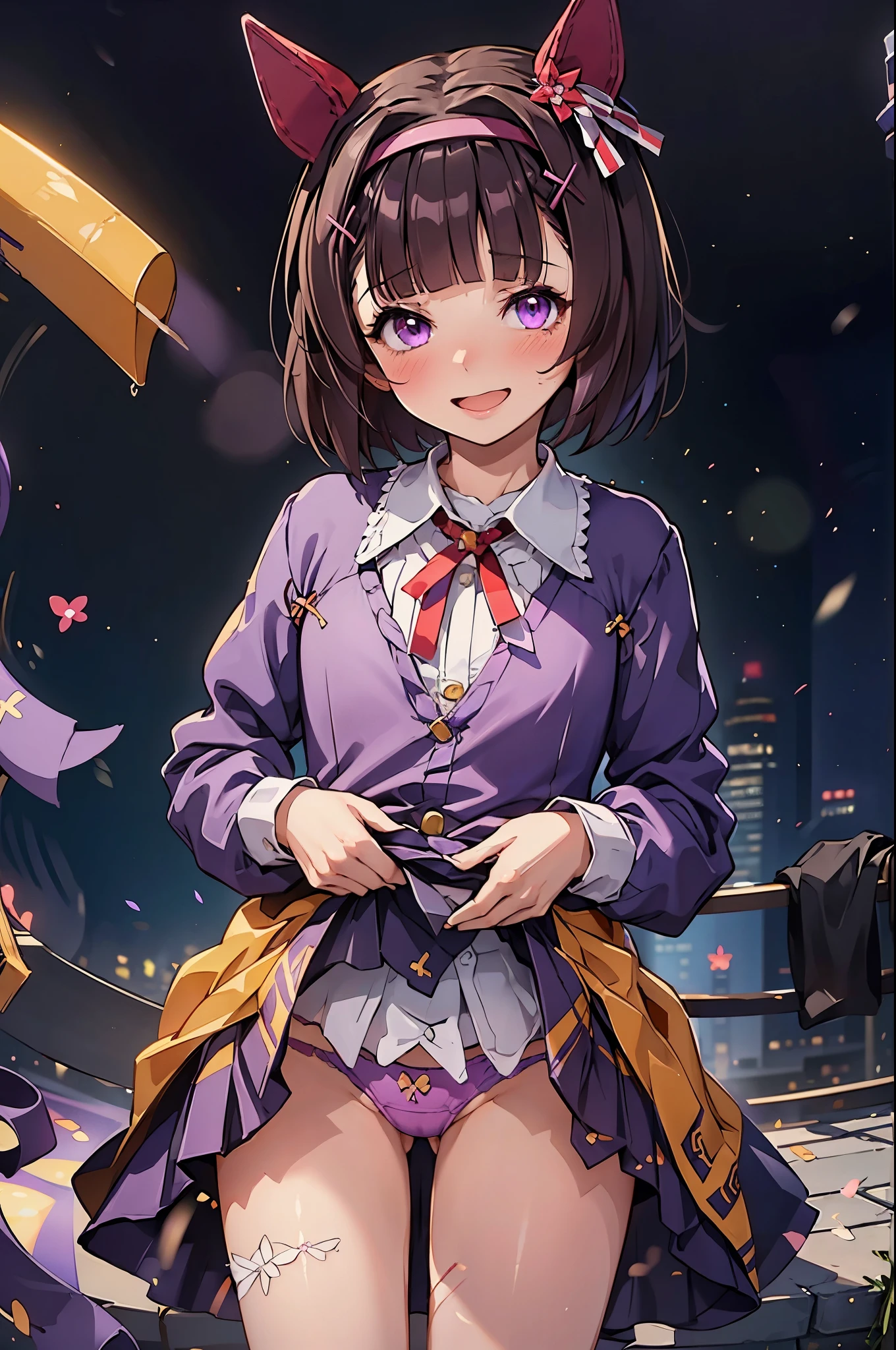 Browsing Caution, , Pull up the dress,Revealing clothing,Uma Musume,Nishino Flower,short hair,Red headband,Beautiful purple eyes,Purple and yellow dress,ribbon,,,Curvaceous,garden,smile with open mouth,blush,Embarrassed face,Small breasts,smile,Skirt Lift, ,((panties))