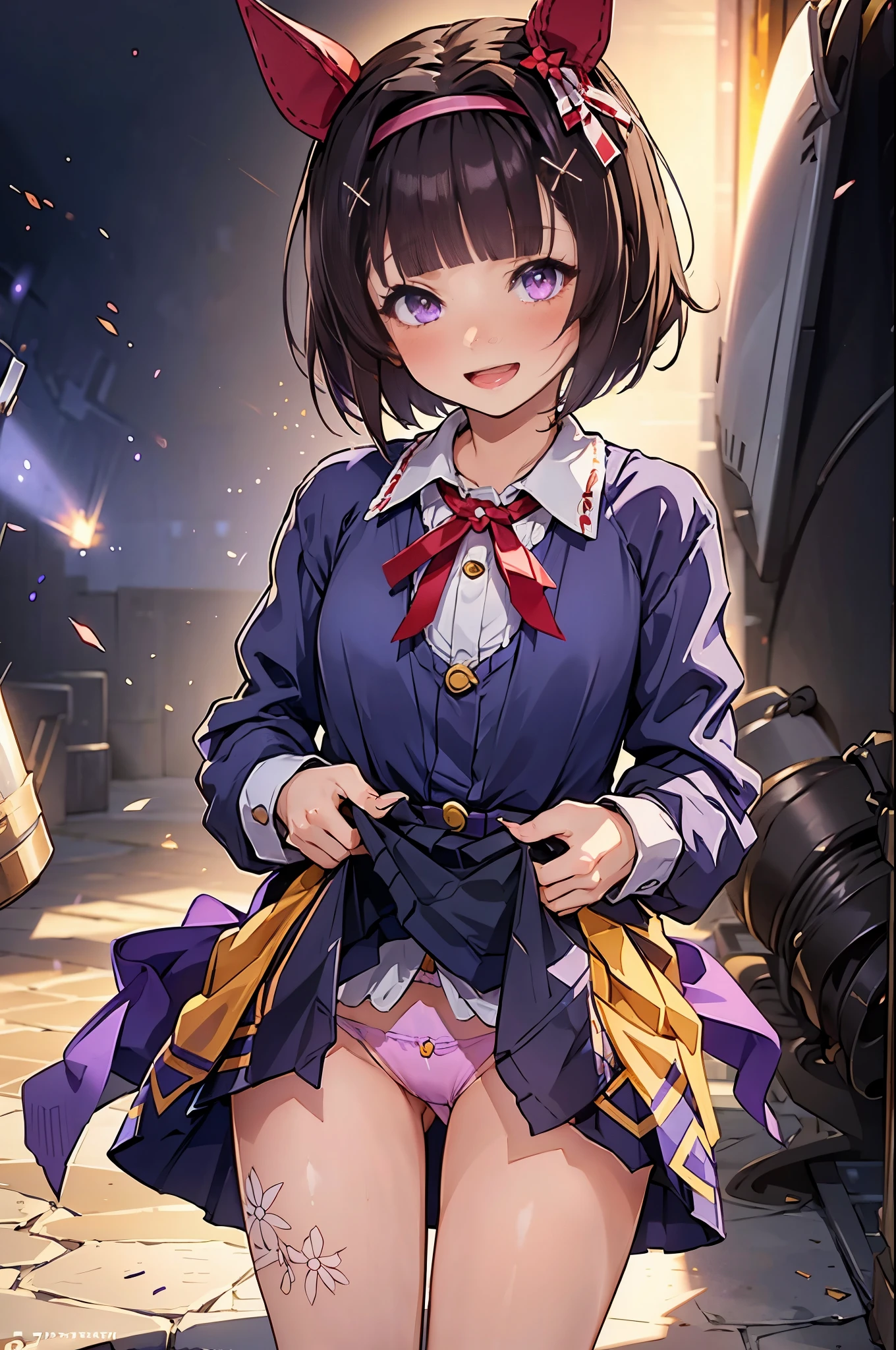 Browsing Caution, , Pull up the dress,Revealing clothing,Uma Musume,Nishino Flower,short hair,Red headband,Beautiful purple eyes,Purple and yellow dress,ribbon,,,Curvaceous,garden,smile with open mouth,blush,Embarrassed face,Small breasts,smile,Skirt Lift, ,((panties))