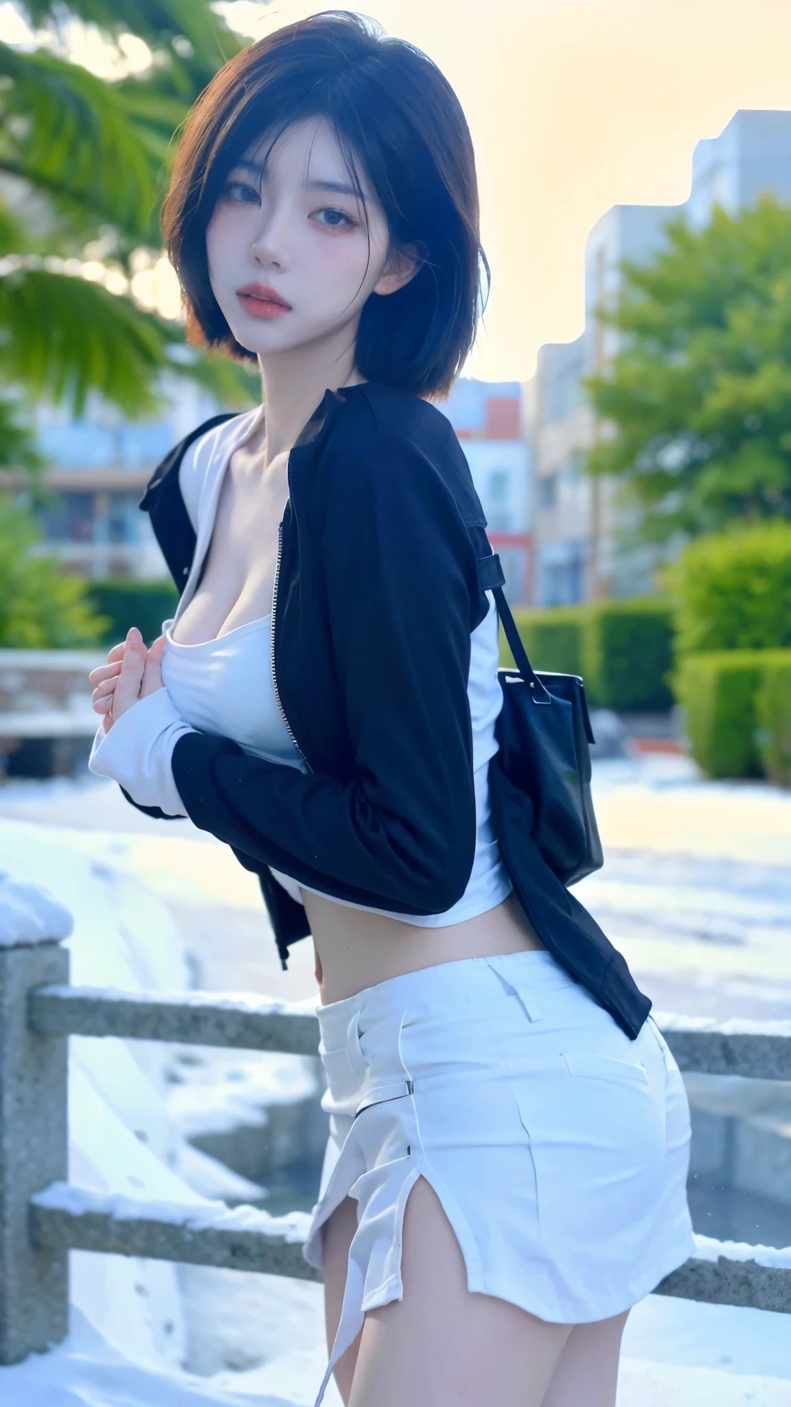 Beautiful woman with perfect figure:1.4，snow，Touching butt with both hands，snow background，Layered Hairstyle，White skin，Prominent cleavage，Pleated Skirt，whole body，Very delicate face and skin texture，Double eyelids，Skin Whitening，Long white hair