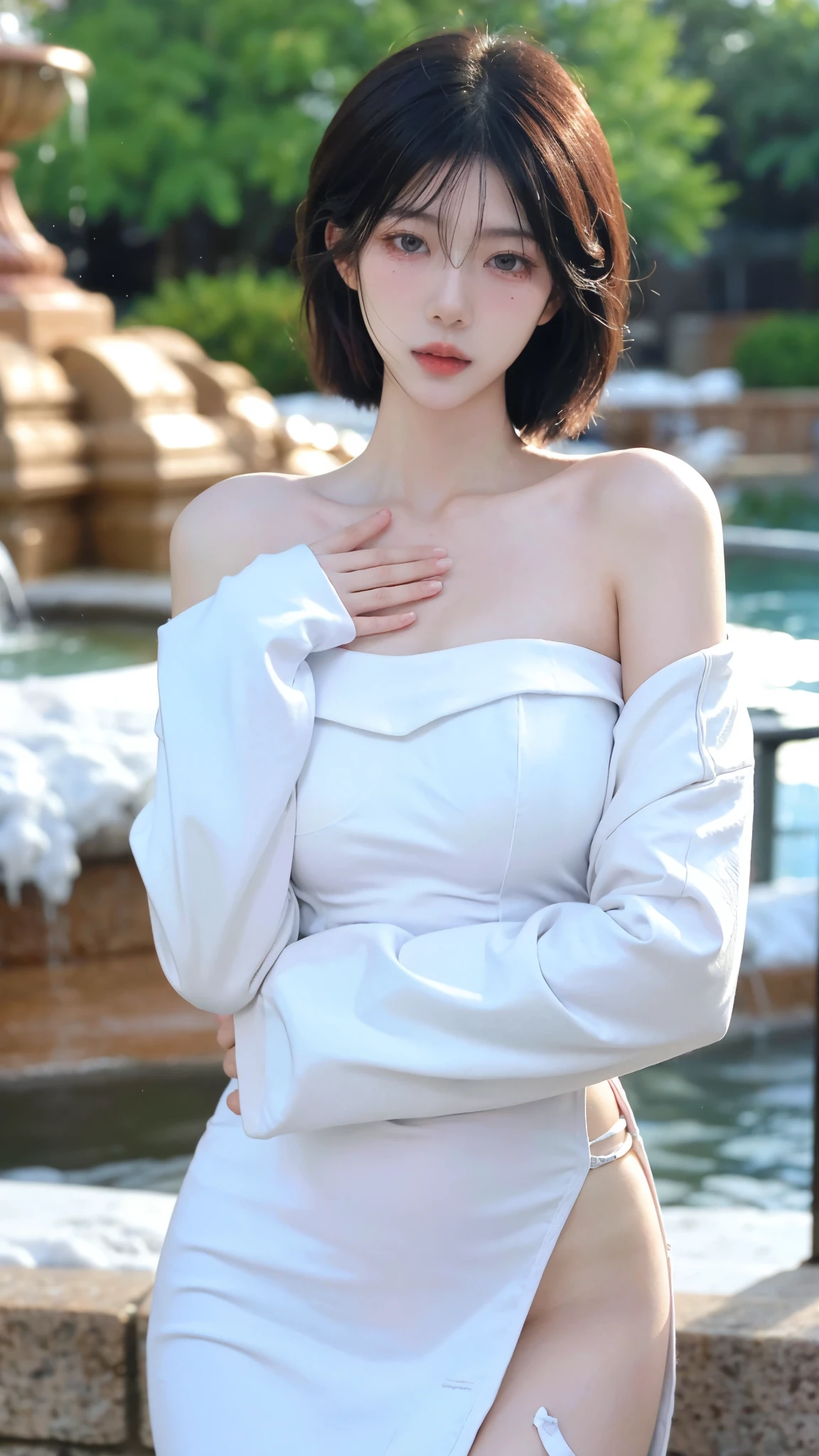 A japanese woman stands in a park in front of river, exquisite and beautiful face, exquisite collarbone, seductive and delicate collarbone, charming fragrant shoulders, shoulders slightly exposed, open-shoulder long sweater,sky blue sweater, pretty face, (peach Red lips:1.1), tender and smooth skin,(white skin:1.6),(black hair:1.1),(bob hair:1.3), short hair,(smile:1.2),smile with teeth, white teeth,very realistic details, ultra-high resolution,bokeh,outstanding details, full body