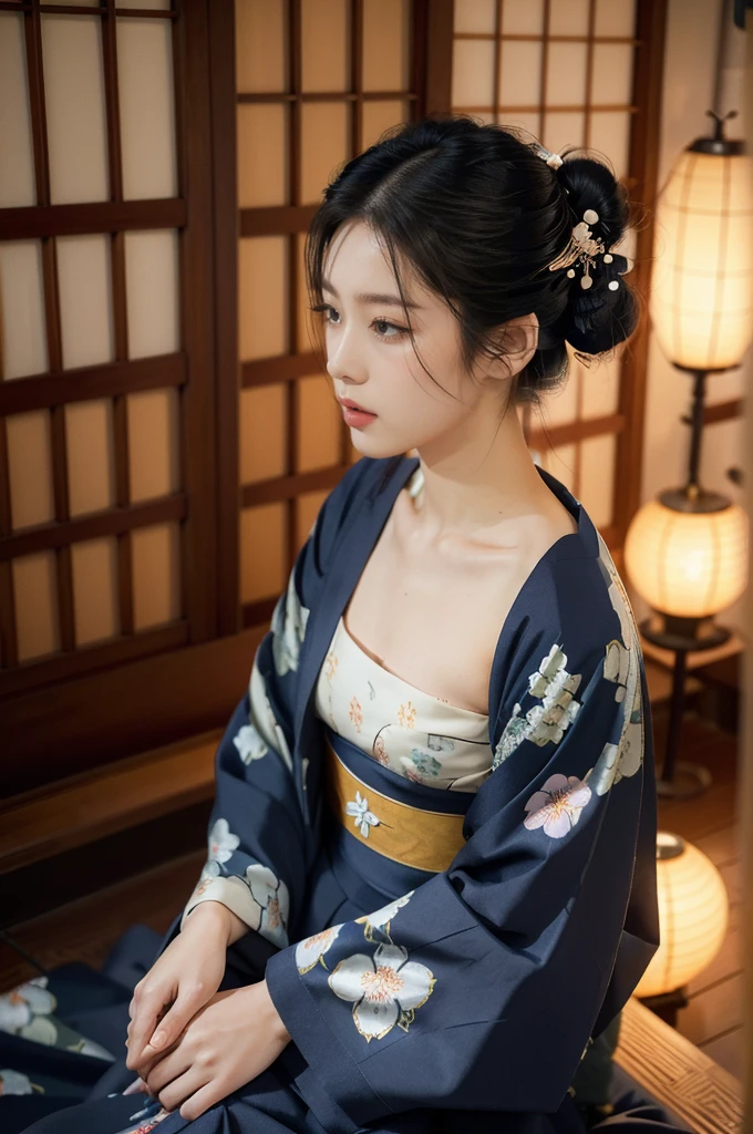 (((best quality))),(((ultra detailed))),(((masterpiece))),illustration,((1 beautiful Japanese girl,solo)),((slim,thin)),((small breasts,flat chest)),serene,melancholic,(rainy:1.3),(night scene:1.3),(in izakaya:1.3),(bun hair:1.2),(traditional Navy blue floral kimono:1.3),cozy atmosphere,sipping drink,ethereal appearance,delicate features,expressive eyes,contemplation,numbs loneliness,intricate kimono patterns,billowing kimono,traditional beauty,graceful sitting pose,sliding doors,rainy alley,soft glow lanterns,warm ambiance,vapor,atmospheric haze,introspection,isolation,beauty in solitude,complex emotions,quiet moments,Drinking Alone,narrative,loneliness,yearning,inner peace,((from front,upper body))