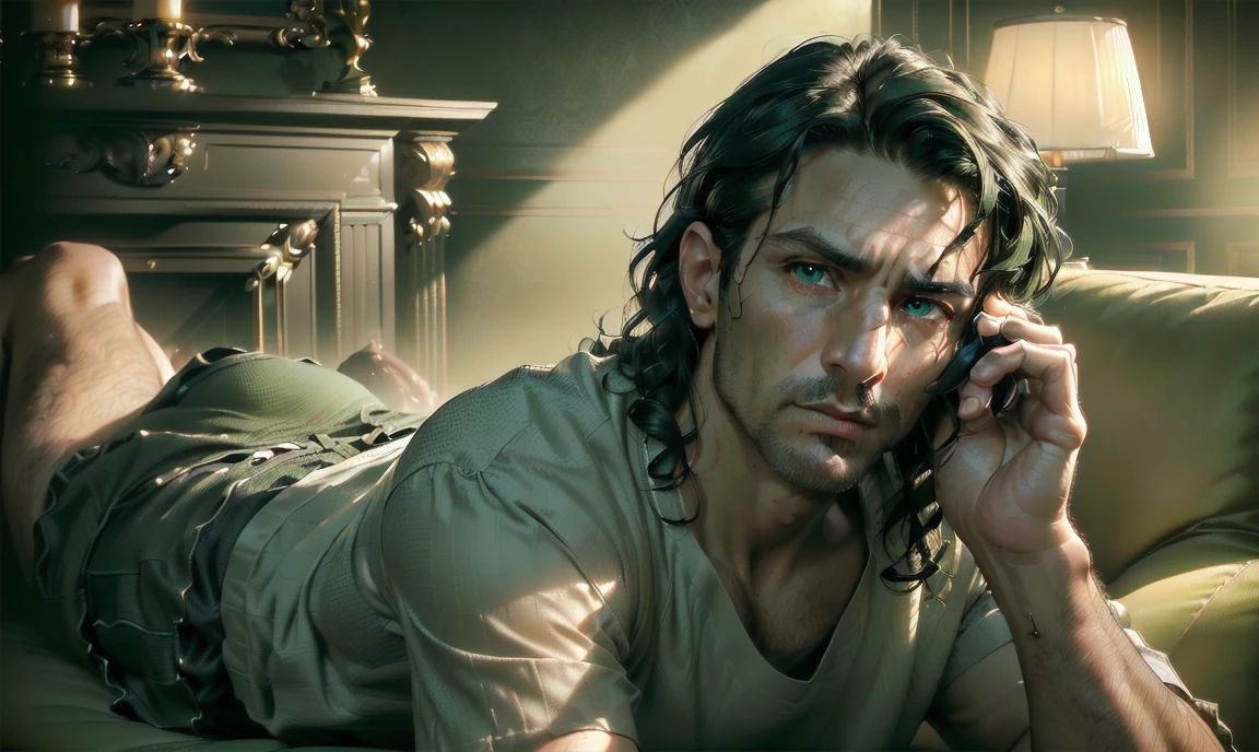 "((highly detailed, detailed eyes, detailed face, clear and realistic facial features, photorealistic, realistic light; cinematic)), (1 man), ((((classy living room background)))), (((sophisticated gorgeous beautiful refined middle-aged male artist))), ((((intense fascinated expression)))), ((mystical air)), (((green eyes))), (wavy shoulder-length brunette hair), (((dressed in a shirt and shorts)))."
