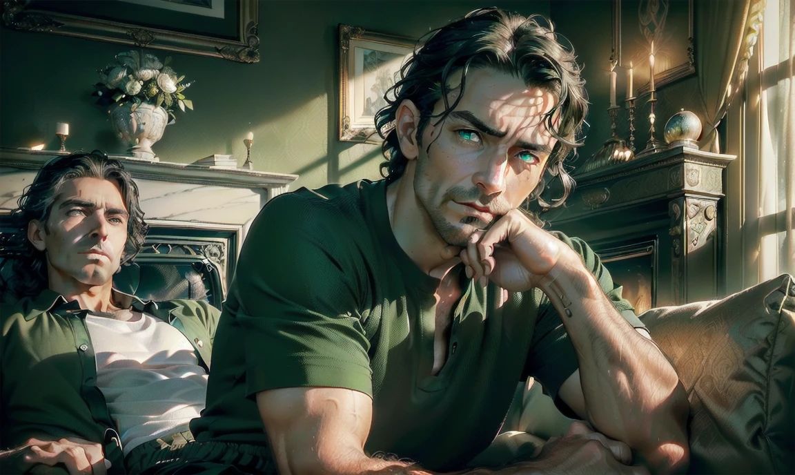 "((highly detailed, detailed eyes, detailed face, clear and realistic facial features, photorealistic, realistic light; cinematic)), (1 man), ((((classy living room background)))), (((sophisticated gorgeous refined middle-aged male artist))), ((((intense fascinated expression)))), ((mystical air)), (((green eyes))), (wavy black hair), (((dressed in a shirt and shorts)))."