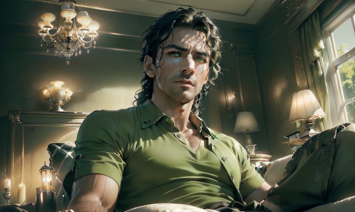 "((highly detailed, detailed eyes, detailed face, clear and realistic facial features, photorealistic, realistic light; cinematic)), (1 man), ((((classy living room background)))), (((sophisticated gorgeous refined middle-aged male artist))), ((((intense fascinated expression)))), ((mystical air)), (((green eyes))), (wavy black hair), (((dressed in a shirt and shorts)))."