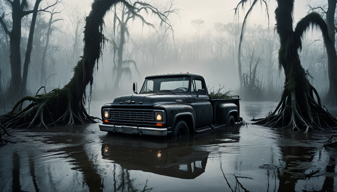 005: Create a hyper-realistic image of a black truck stuck in the middle of a foggy swamp. The truck is half-submerged in the murky water, with twisted roots and vines entangling its wheels. The surrounding swamp is filled with dark, stagnant water, and the air is thick with mist. In the distance, a faint silhouette of a figure can be seen lurking near the trees, watching the truck. The image should be in a 16:9 format, with muted colors and heavy shadows to emphasize the swamp's haunting atmosphere.
