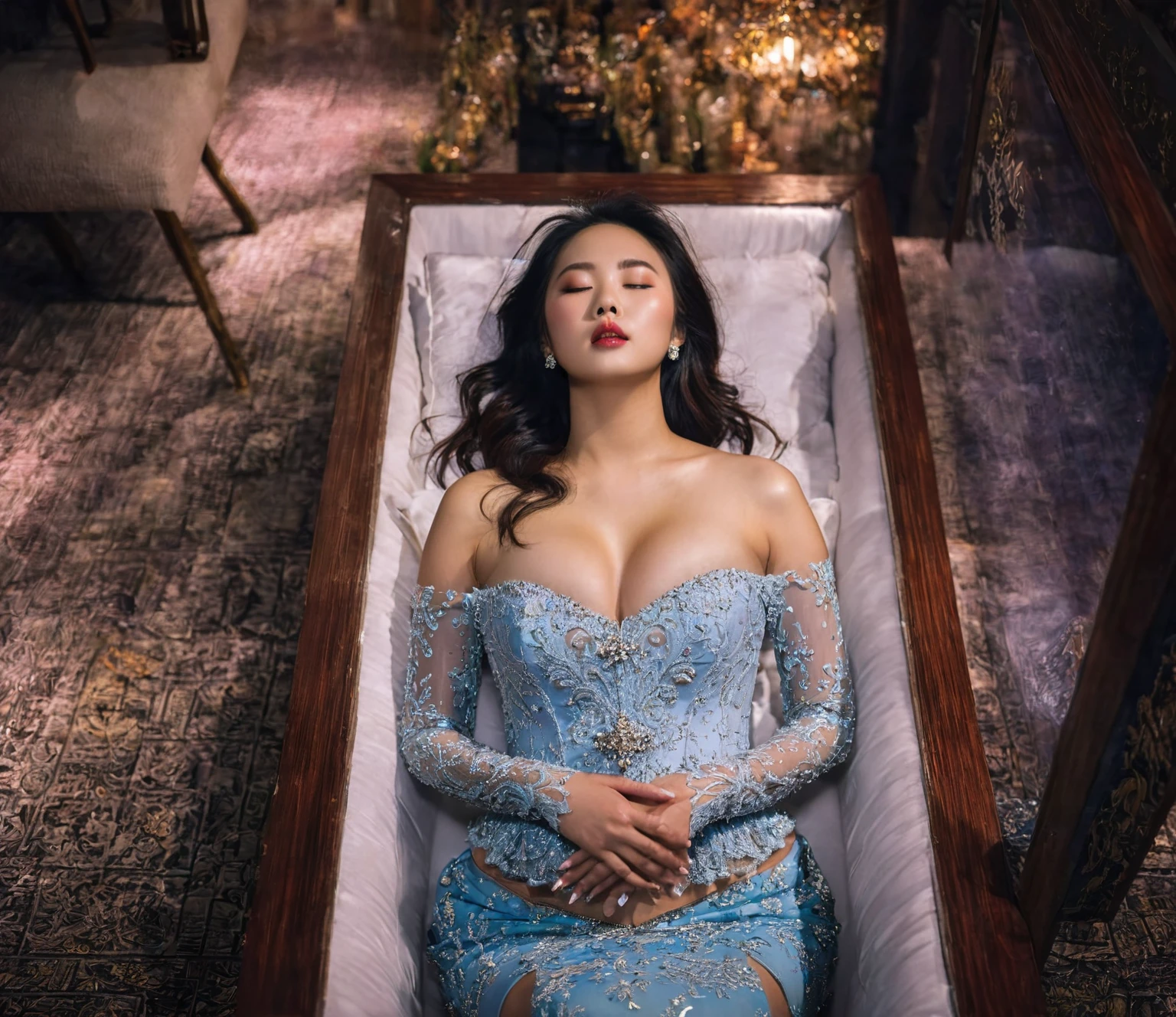 In a striking 8K HDR scene, a stunning Korean woman, 22 years old, lies peacefully in a black coffin surrounded by plush pillows. The deep box is set against a rich black background, accentuating the beauty of the subject. Her exquisite deep-V neckline kebaya attire is embroidered with superb detail, showcasing her round and firm breasts, perfect cleavage, and beautiful eyebrows. Her closed eyes and mouth give an air of serenity, while her visible and absolute cleavage leave nothing to imagination. The scene is bathed in saturated colors, highlighting every intricate aspect from the ball skirt to her clean face, straight body, detailed hand perfect hands, straight body, own hands together, own hand on stomach, detailed hands, perfect hands, closed mouth.