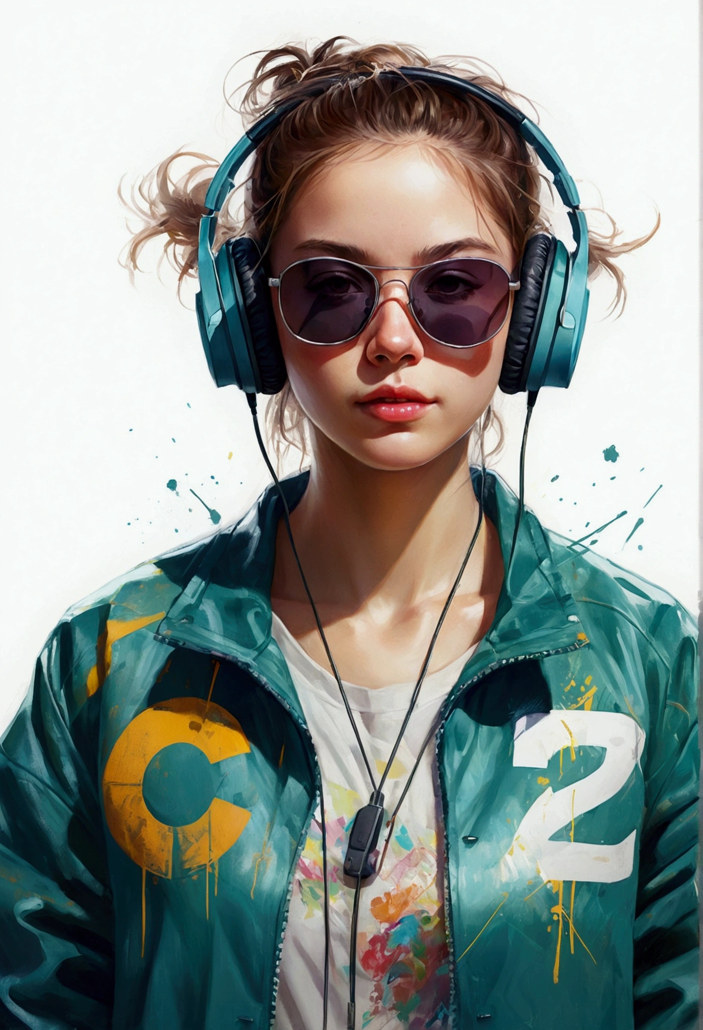Perfect centering, a cute calf, Wear a student team jacket, wearing sunglasses, Wearing Headphones, cheerfulness, standing position, abstract beauty, centred, looking at the camera, Facing the camera, approaching perfection, dynamic, highy detailed, Soft, sharp focus, 8k, High definition resolution, illustration, arte de Carne Griffiths e Wadim Kashin, White background