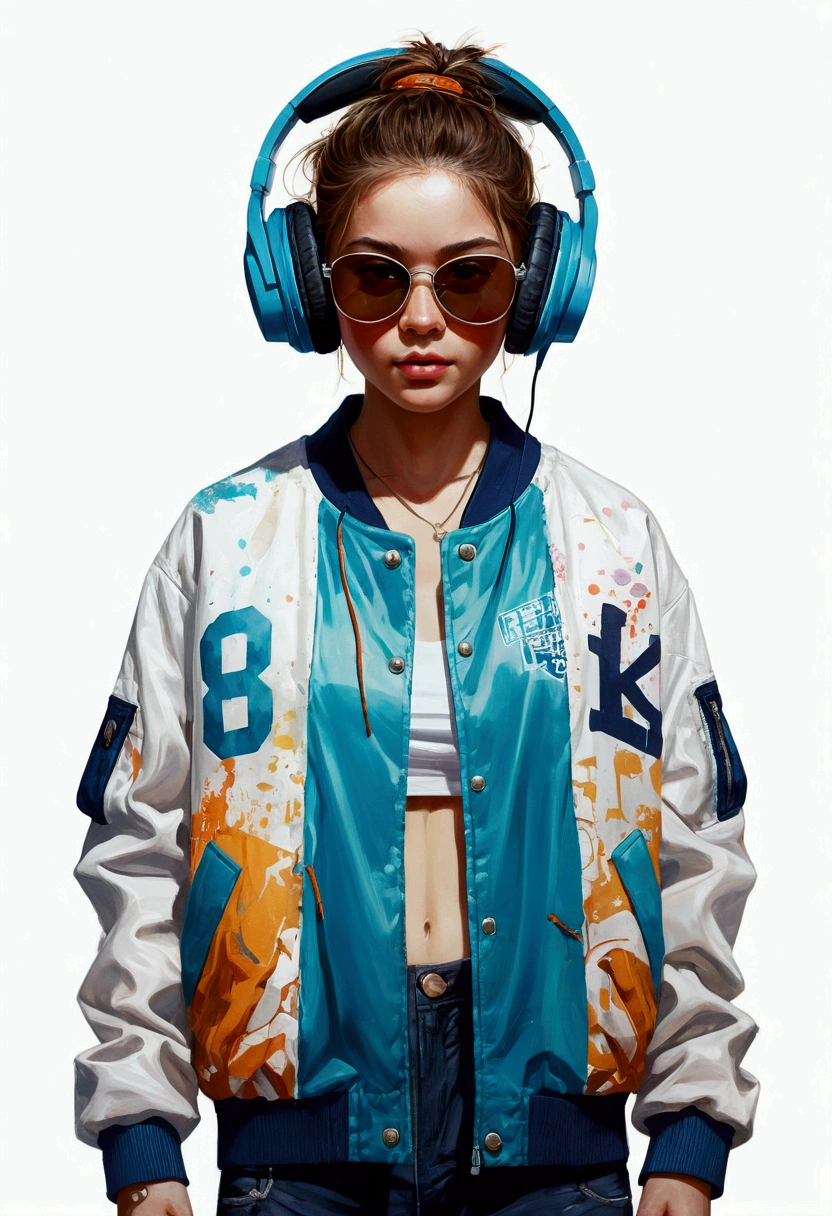 Perfect centering, a cute calf, Wear a student team jacket, wearing sunglasses, Wearing Headphones, cheerfulness, standing position, abstract beauty, centred, looking at the camera, Facing the camera, approaching perfection, dynamic, highy detailed,  Soft, sharp focus, 8k, High definition resolution, illustration, arte de Carne Griffiths e Wadim Kashin, White background