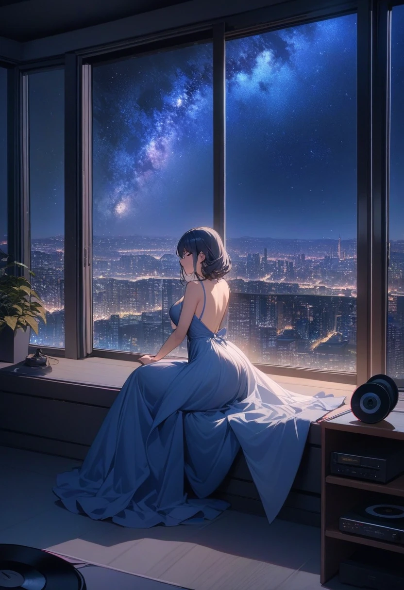 masterpiece, Highest quality, so beautiful, Absurd, up to date,wide_shot,bust,Large floor-to-ceiling windows,(night view of the city:1.2),Bedroom,(record the night scene outside the window:1.3),night,Milky Way,Huge building, (One girl:1.3),Blue evening dress,Sitting,curve,Look out the window,