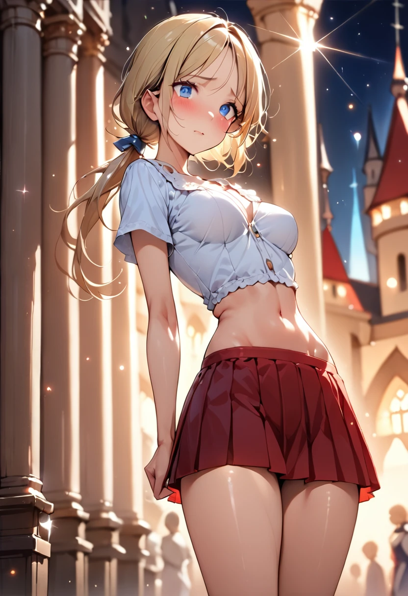 ((masterpiece,Highest quality:1.3,best quality illustration)),cowboy shot,1woman,(Mature Beauty),Female Swordsman、((very small head:1.4)),((ideal ratio body proportions:1.3)),blonde hair,(low ponytail),long hair,bangs,gorgeous eyes,Blue eyes,shy,(White blouse、Red pleated mini skirt),(slender body,skinny),medium breasts,gleaming skin,shiny skin,Medieval European Castles、Sword and sorcery fantasy world、