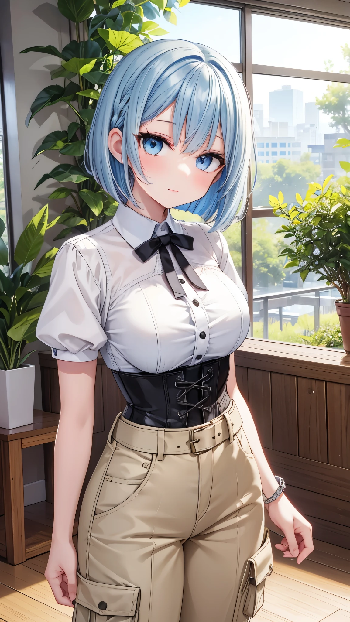 "A young female character with periwinkle blue hair styled in a short, slightly wavy bob cut with a small braid on one side. She has fair skin, large expressive eyes, and a cheerful expression. Her outfit is a modern, chic ensemble consisting of a white short-sleeved button-up shirt with a black tie, a black underbust corset, and high-waisted white cargo pants with multiple pockets. She accessorizes with several silver bracelets on her left wrist and a silver chain belt around her waist. The setting is a bright, airy café with large glass windows, wooden floors, and lush greenery both inside and outside. The overall atmosphere is light, peaceful, and inviting, with sunlight streaming in and creating a serene ambiance."