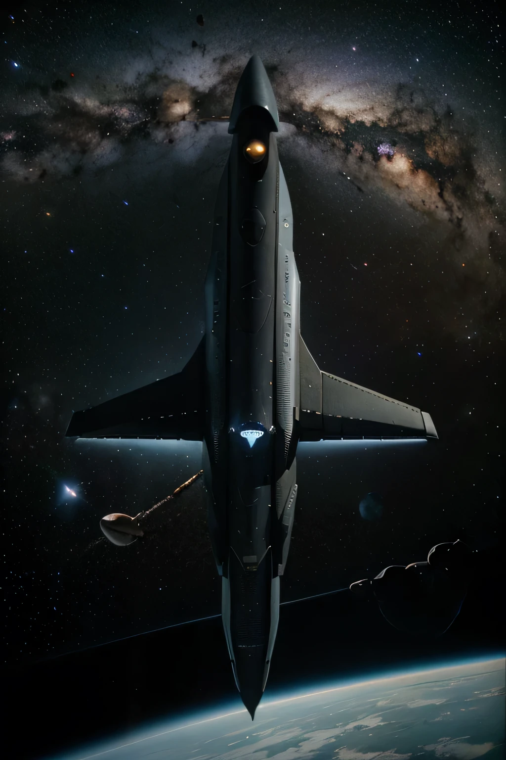 big spaceship, floating in space, science fiction spaceship, There is the Milky Way galaxy.