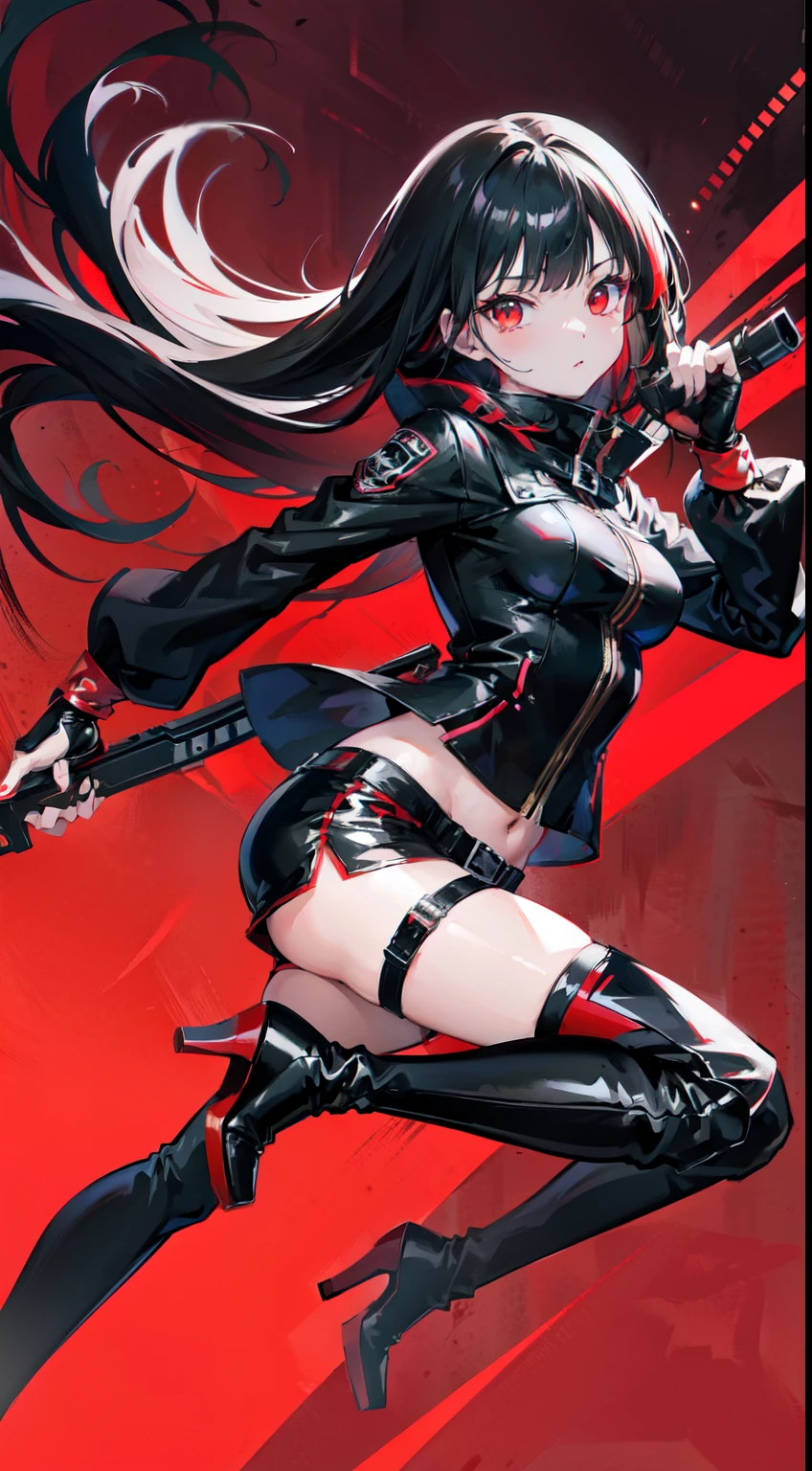 Anime style, pretty girl, pretty face, detailed outfit, long black hair with bangs, full body, red eyes, two black gun holsters on each side, red and black themed outfit, pretty design outfit, thigh-high heeled boots, shorts, tight long sleeve jacket, fingerless gloves, assassin combat ninja outfit look