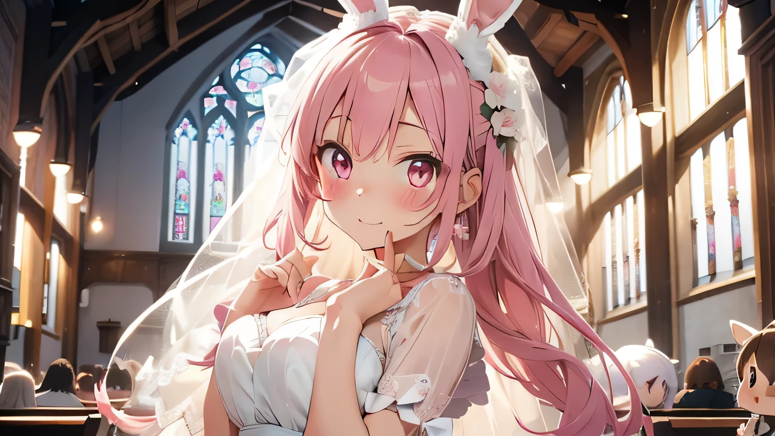 Highest quality, pretty girl, pastel colour, Fluffy bunny ears, Pale pink eyes,Melody of Light、wedding、Wedding dress,church