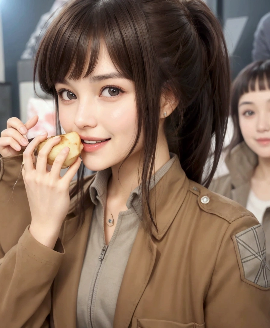 laughing young woman with dark brown hair pulled back and long bangs, with brown eyes. She is eating a potato with her right hand. She is wearing a gray shirt and a light brown jacket.