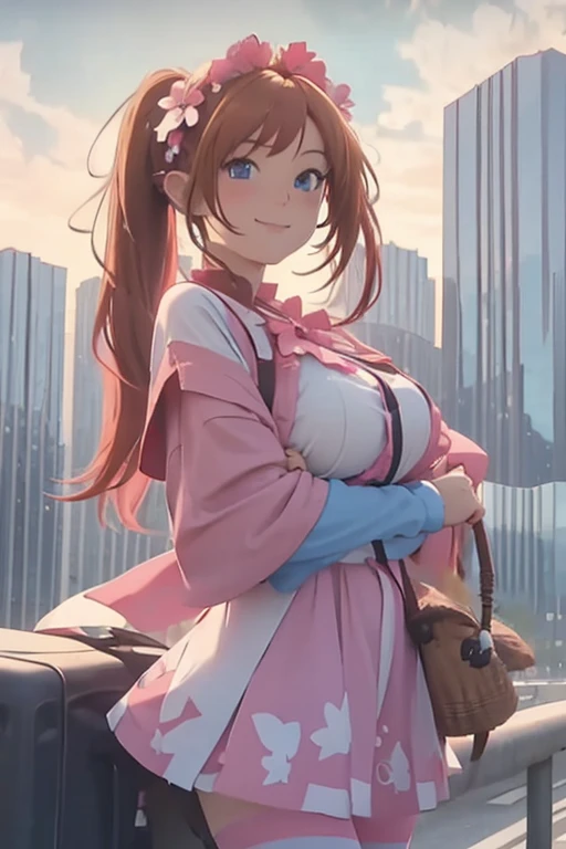 (masterpiece, best quality, detailed), 1girl, solo, looking at viewer,
ElfGirl, reddish orange hair, left hair pigtail tied with two flowers, light blue eyes, pink unifrom, lightblue flower at side of hair, white gloves, pink pantyhose, huge breasts, outdoors, rooftop, day, cityscape, blue sky, cloud, scenery, railing, arms onward, smile, closed mouth