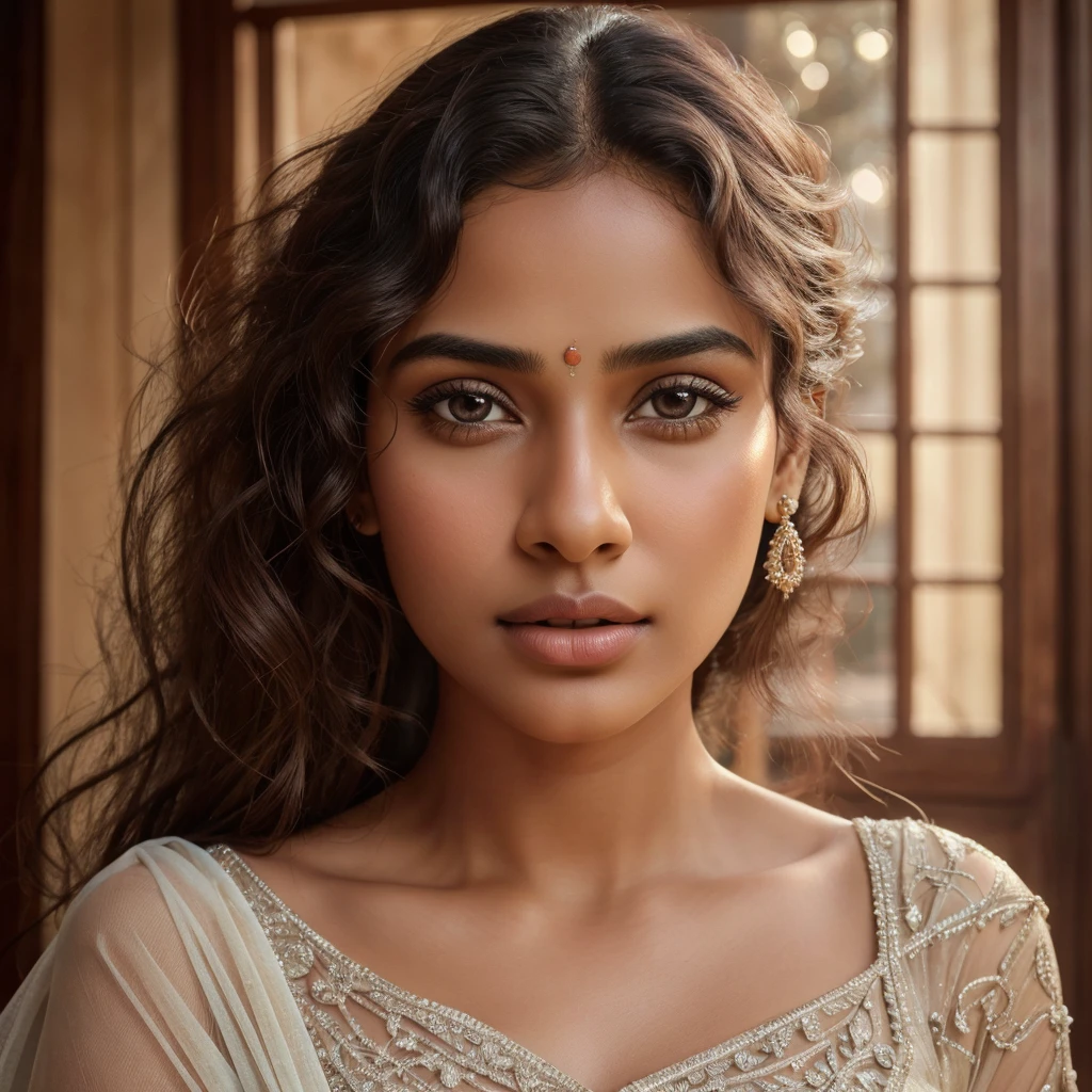 Indian girl, beautiful detailed eyes, beautiful detailed lips, extremely detailed eyes and face, long eyelashes, curvaceous figure, hydrated alabaster skin, long and curly hair, ethereal, glowing, dreamlike, flowing dress, serene expression, warm lighting, photorealistic, (best quality,8k,highres,masterpiece:1.2),ultra-detailed,(realistic,photorealistic,photo-realistic:1.37),portrait, full picture