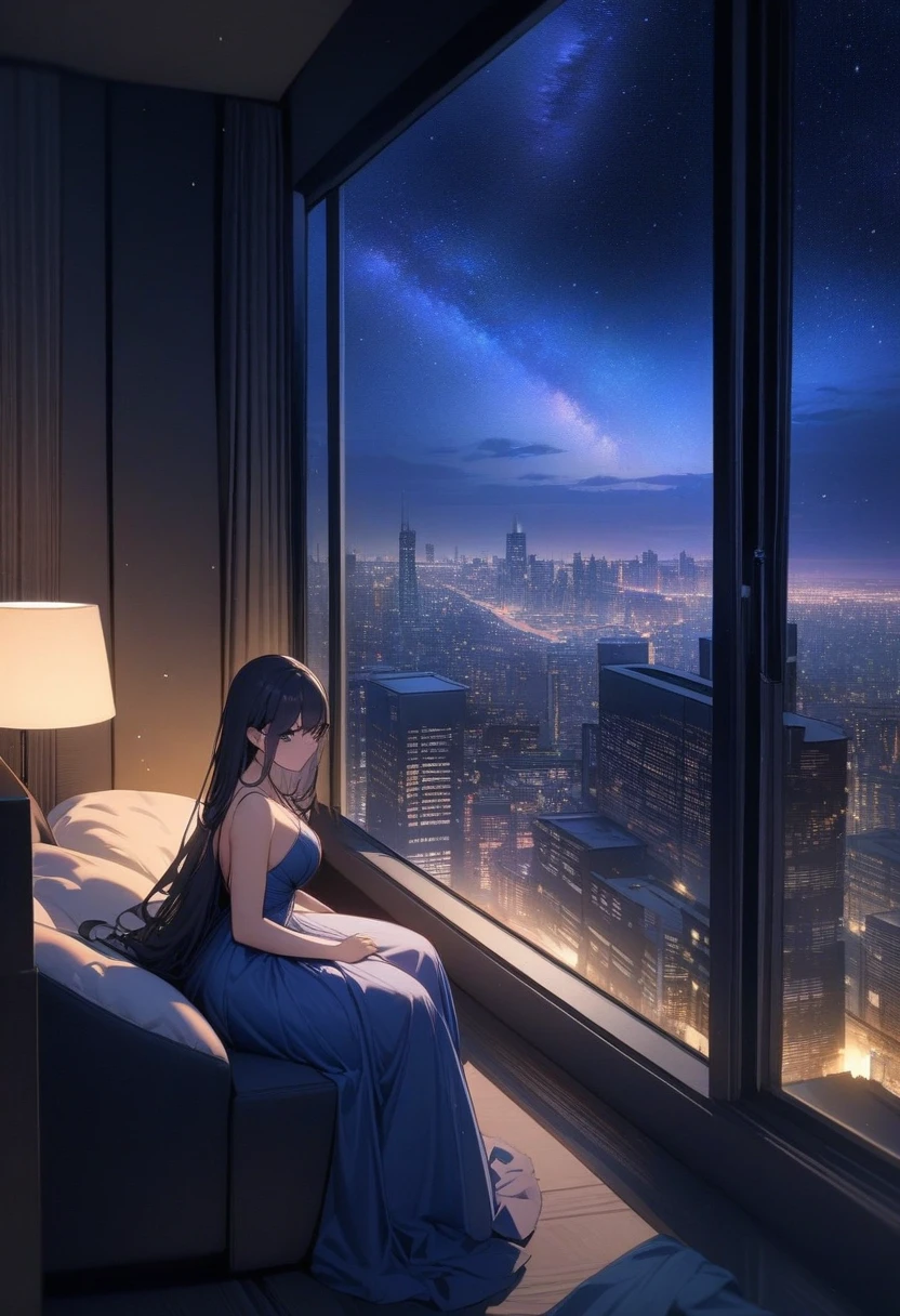 masterpiece, Highest quality, so beautiful, Absurd, up to date,wide_shot,bust,Large floor-to-ceiling windows,(night view of the city:1.2),Bedroom,(record the night scene outside the window:1.3),night,Milky Way,Huge building, (One girl:1.3),Blue evening dress,Sitting,curve,Look out the window,