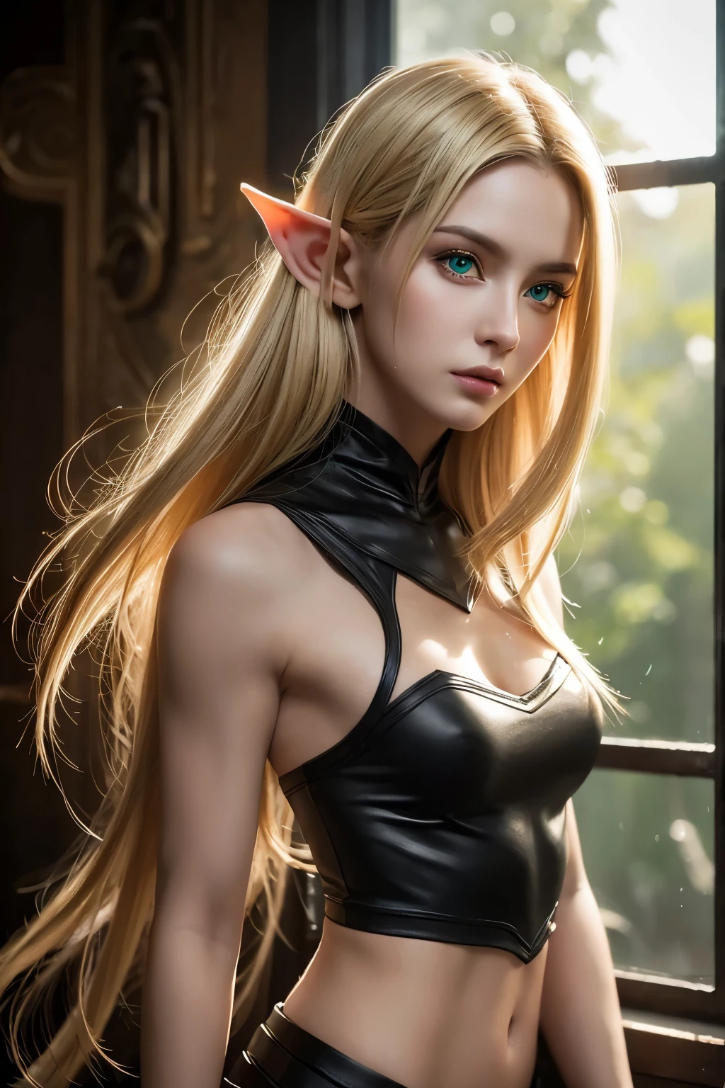 8k,An elf woman who serves as the vice-commander of the Brave Knights..,so beautiful(Like the real thing),Green Eyes,Elf Ears,Blonde Straight Hair,Muscular and slim body,Strongly defined abdominal muscles,Luxurious black exterior,Luxury Black Combat Trousers,sneer,Long, narrow eyes,masterpiece,Photorealistic RAW photos of the highest quality。Bright colors,Rich colors, Backlight, Cinema Lighting, Film Grain, to be born, 50mm lens, Nikon D850,Realistic Skin,Fantasy art,Character Art,Ultra-high resolution,Realistic scale skins,Perfect hand shape,View your viewers,Beautiful expression,1 comb&#39;hair,Very small breasts,豪華な緑と黒のVery small breastsの胸鎧,Luxurious black shoulder pad,Luxurious black gauntlets,Luxurious black armour,Luxurious black leg armor,View your viewers,Thin breastplate,Top-down view,close,Sharp Eyes,Dynamic fighting pose,