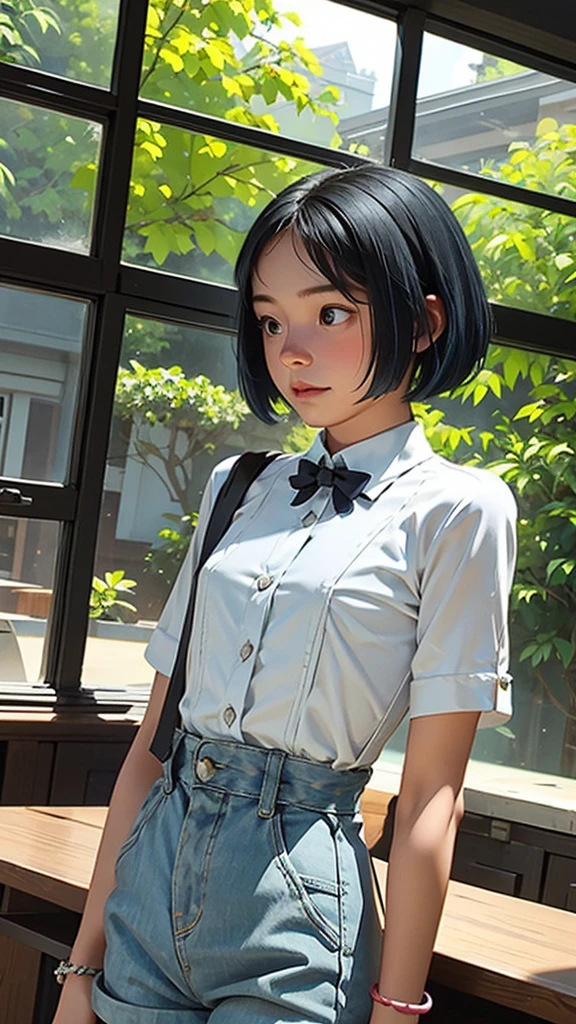 masterpiece, best quality, highres, videl2, solo, blue eyes, black hair, twintails, black gloves, bike_shorts, bangs, white shirt, badge, medium breasts, cowboy shot, frown, hand on hip, leaning forward, pointing at viewer,