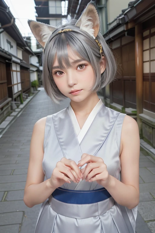 ((Silver Hair))、((Short Hair))、Small fox ears、one girl, (a beauty girl, delicate girl:1.3), (12 years old, change:1.3), break,((Shrine maiden costume)),(Brown fox ears) break, Definition of Very Fine Particles, (Symmetrical eyes:1.3), break, (alley, Kyoto:1.3), perfectly trimmed fingers, break, Small breasts, Brown eyes, Parted bangs, Brown Hair, girl, break, (Eye and facial details:1.0), break, (masterpiece, Highest quality, Very detailed, Detailed face, 8k)