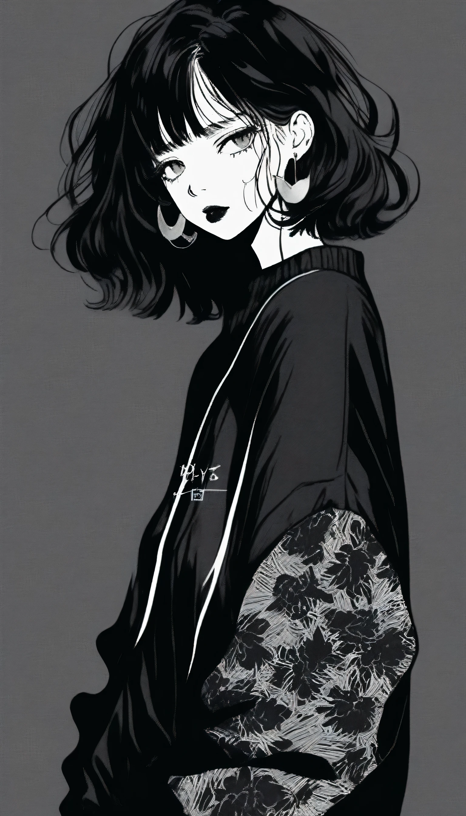 (highest quality, sketch:1.2), Dark monochrome background, Japanese Manga,Illustrator,Japanese Manga,1 girl, Delicate lips,sweater,custom,background completely black, Neon Hair,Texture Clipping,Canadian, masterpiece, style: Retro Classic, 深いblack, art, sketch book, (blackのボブヘア:1.35, black:1.55), bad woman
