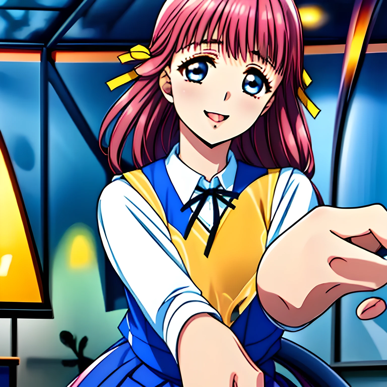 (highest quality, masterpiece:1.2), highest quality, High resolution, 1080P, 8k, (Very beautiful and delicately drawn high-resolution anime CG: 1.5), (A beautiful 15yo girl anime heroine, A very neat, very noble, pretty, pure girl is raising up from evil darkness in a succubus nightmare: 1.6), (Filled with black beautiful succubus background: 1.5), Glossy lips, Evenly cut bangs, (beautiful blue eyes with detailed: 1.2), (Very beautiful and very long flowing pink hair: 1.2), (Noble blue school vest uniform, blue pleated noble skirt, white blouse: 1.6), (Big yellow cute wide ribbon on her chest), (Yellow hair ribbon clip: 1.0), (Giggling: 1.0), (Mouth is laughing and wide open as a game heroine: 1.0), (A beautiful body like a model), (Walking with a school bag, turning around), (long cute eyelashes: 1.4), ((thin droopy eyebrows: 1.4)), (giggling and calling me to invite me to her extreme happiness with her mouth widely open!: 1.6), (showing her very long tongue: 1.6), (laughing shy cheeks and lips, as if watching a comedy: 1.5), ((Very super long wavy hair is too much beautiful: 1.0)), (Tilting her head shyly), (Too beautiful women to stop falling into her, makes me crazy: 1.6), (She is in fact succubi and calling me with strong religious temptation, drops me into craziness: 1.2), (showing her palm to invite me: 1.2)