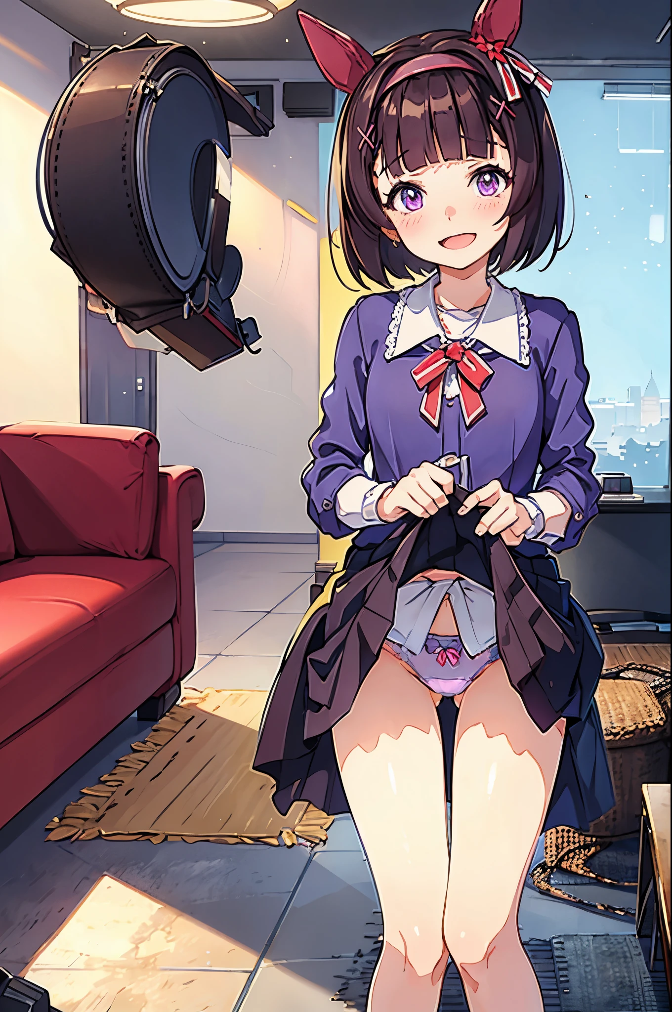 Highest quality, masterpiece, High resolution,((Perfect hands, Perfect Legs, Perfect Anatomy)), (indoor, office, living room), Pull up the dress,Revealing clothing,Uma Musume,Nishino Flower,short hair,Red headband,Beautiful purple eyes,Purple and yellow dress,ribbon,,,Curvaceous,garden,smile with open mouth,blush,Embarrassed face,Small breasts,smile,Skirt Lift,  ,((panties))