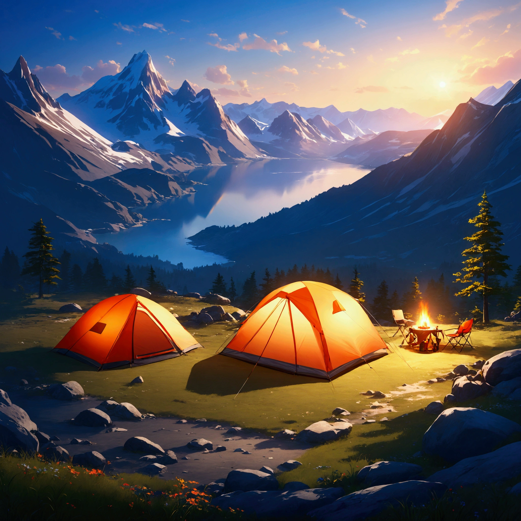 A plateau with a great view,camp site,The view is amazing.,tent,Camping equipment,Highest quality, 8k, High resolution, masterpiece:1.2, Very detailed, Realistic:1.37, High resolution, 超High resolution, Very detailed, Professional, Vibrant colors
