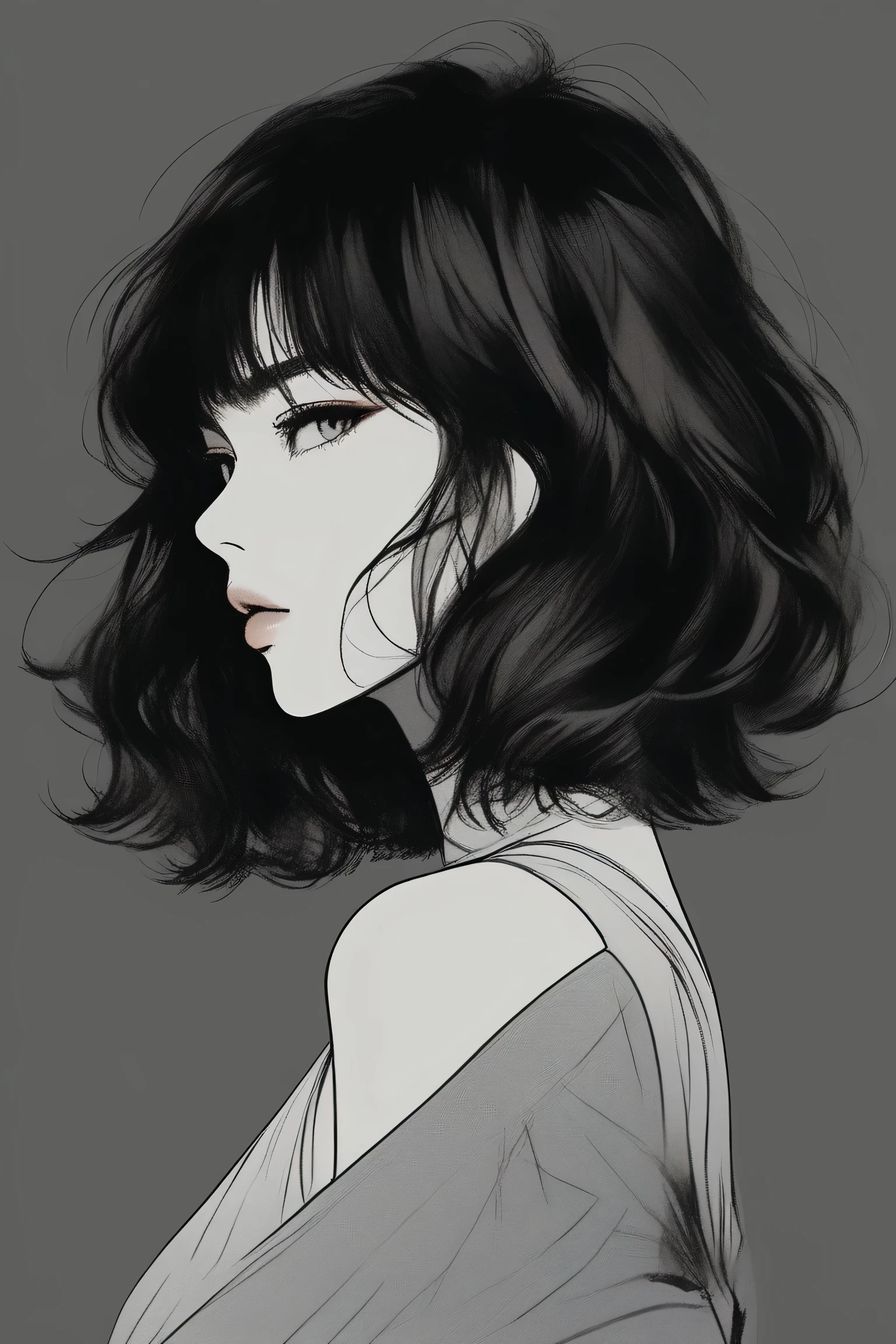 (best quality, sketch:1.2), epic realistic,illustrator,anime,1 women, detailed lips,custom, (background dark),textured cropping, hdr, details, masterpiece, style retro, colour gradient, art, (bob cascade hair (black:1.75) [neon:1.32])