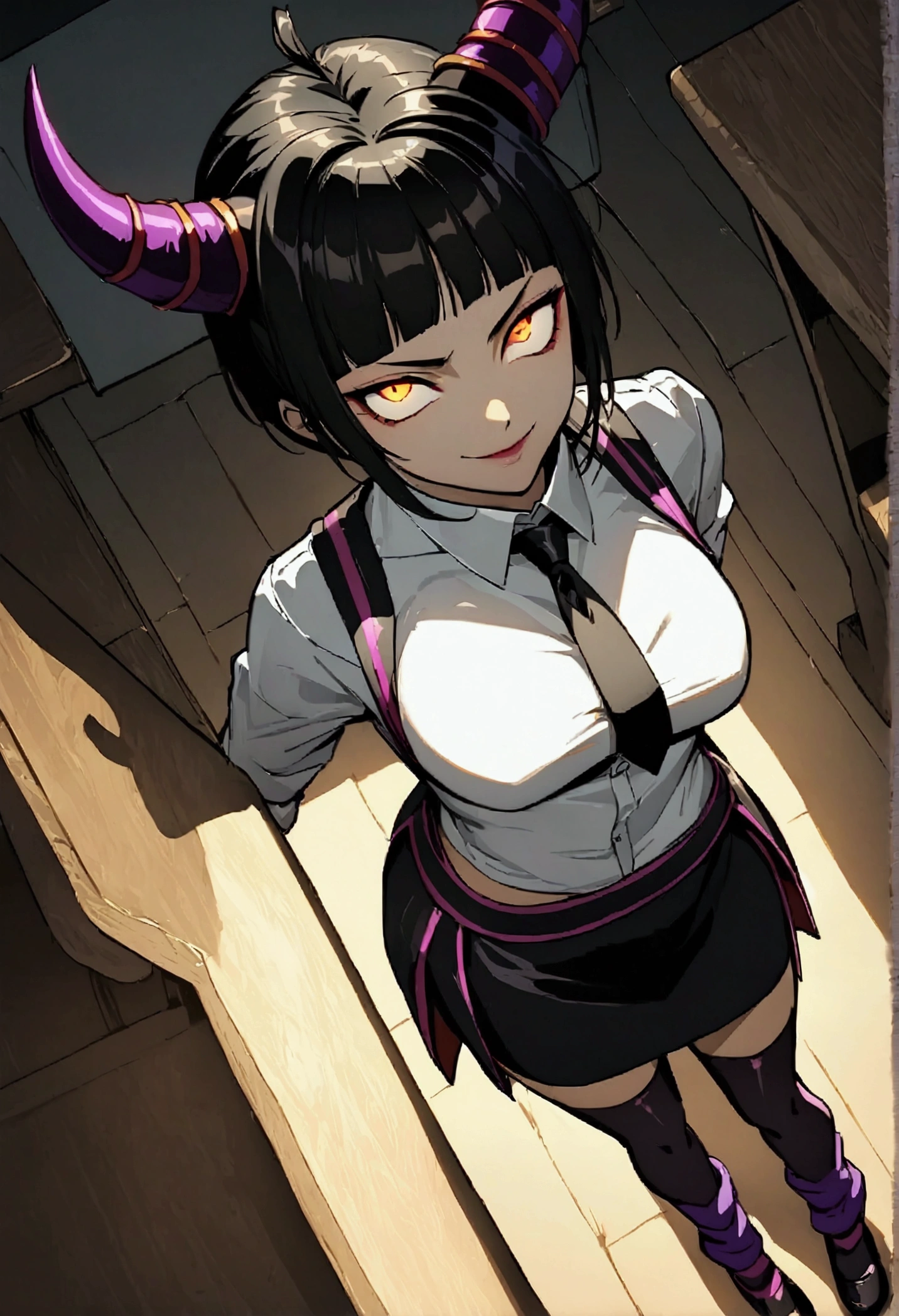 juri han, work of art, tight white secretary shirt with black tie, black high waist skirt, short skirt, black hair, black tights,evil smile,office,franja nos olhos,lighting,chifre de cabelos,view from above,olhando para cima,sentada,pernas cruzadas