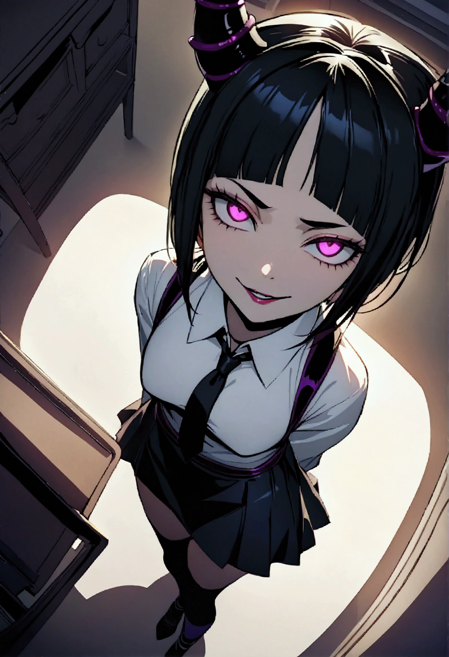 Juri Han, Artwork, fitted white secretary shirt with black tie, black mini skirt, skirt short,sock, Bblack hair, blackstockings,Evil smile,desk,bangs on the eyes,Lighting,horn of hair,from above view,staring overhead